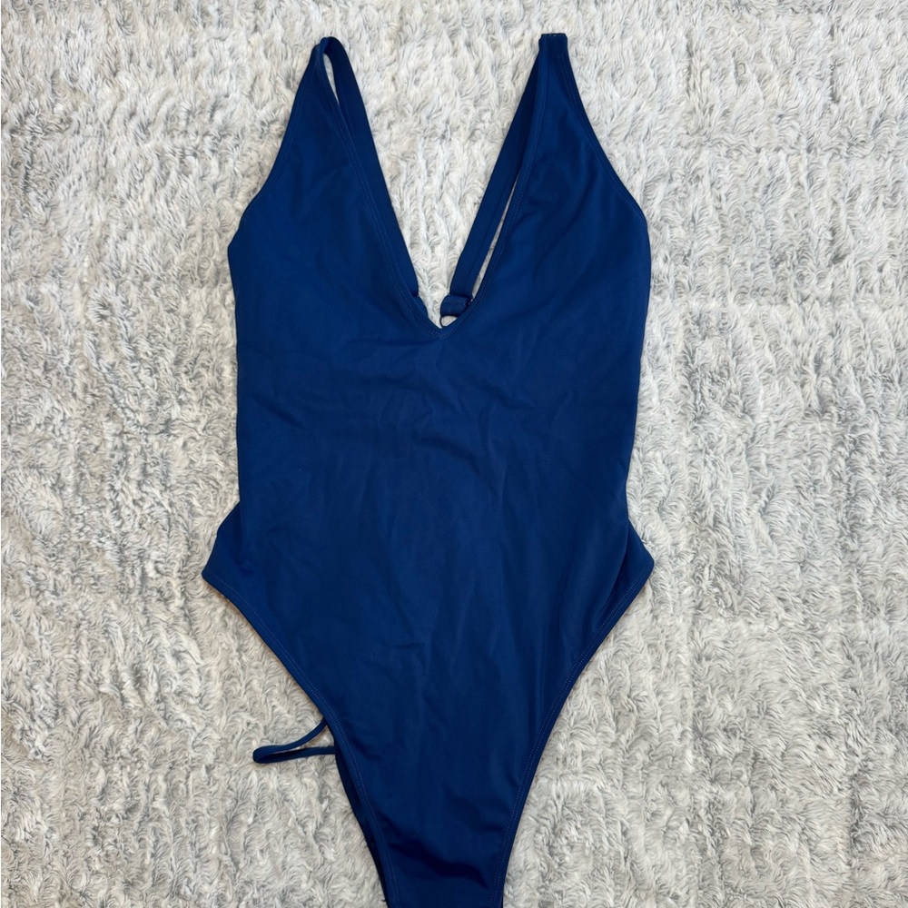 T3 Deep Blue Plunge One Piece Swimsuit XL Brazilian Cut